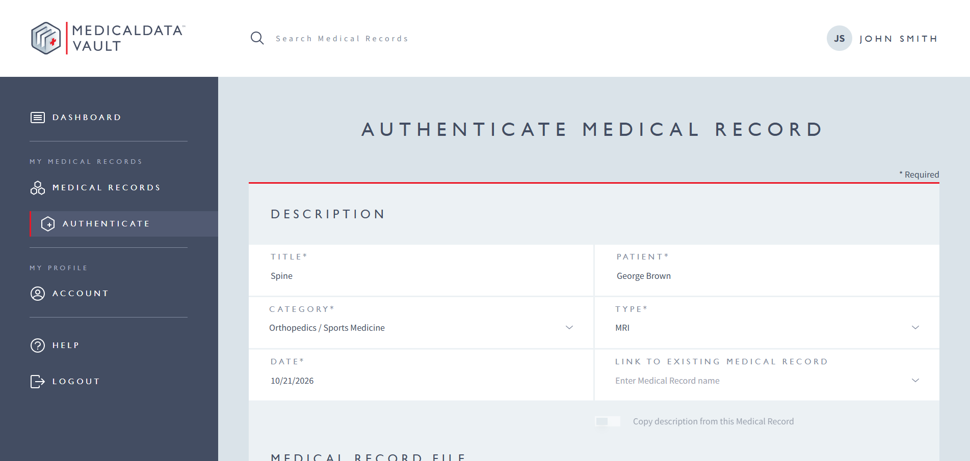 MedicalData Vault - Authenticate